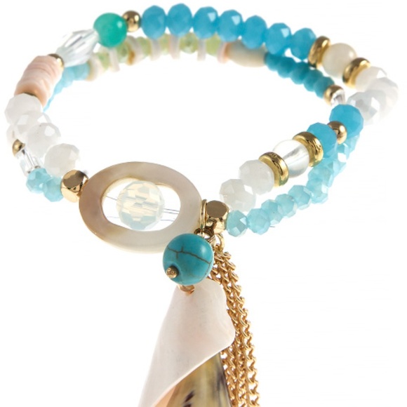 turquoise cream gold tone stretchy shell bracelet - Picture 1 of 3